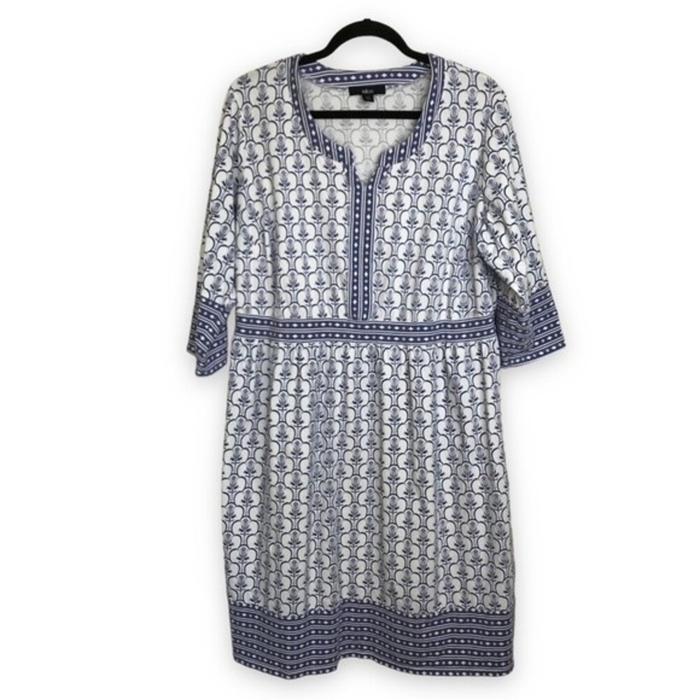 Ellos Knit Pullover 3/4 Sleeve Split Neck Dusty Blue White Dress Women's Large